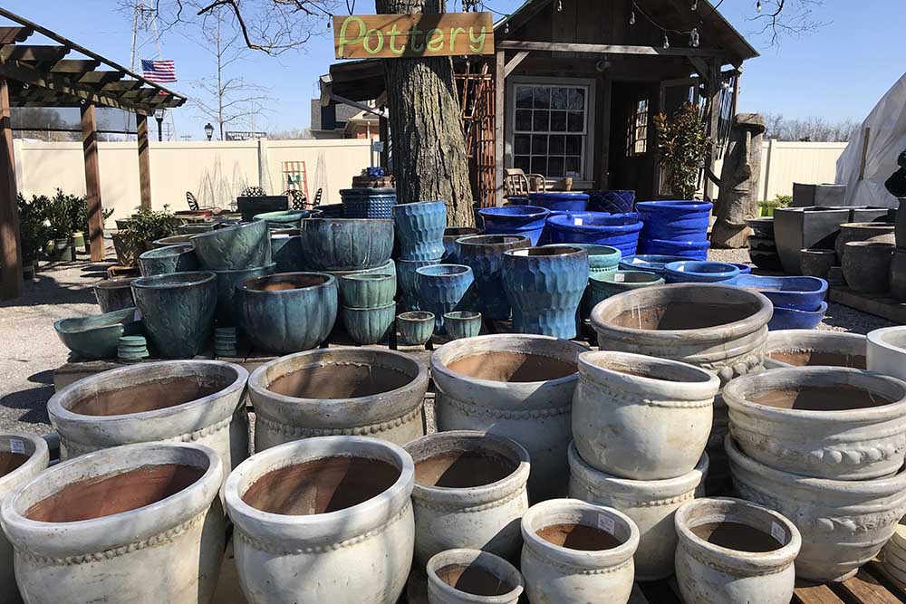 Pottery section with glazed and terracotta pots