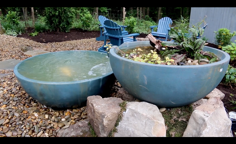 Backyard makeover with twin ceramic bowl water features