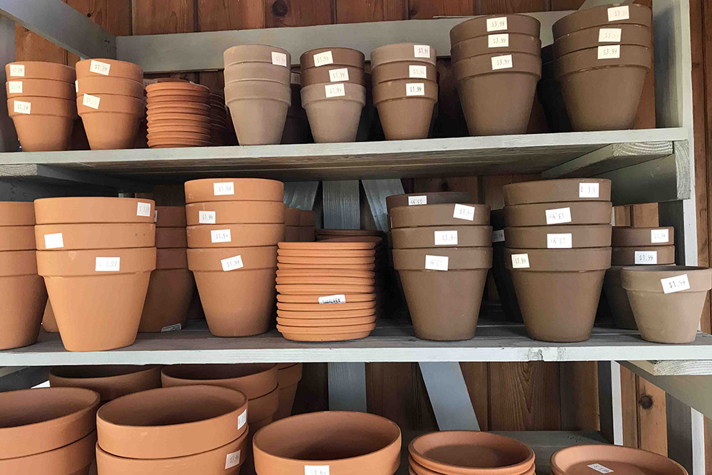 Indoor terracotta pots stacked on shelves