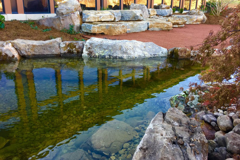 A finished JVI pond with stone work and planted shelves.