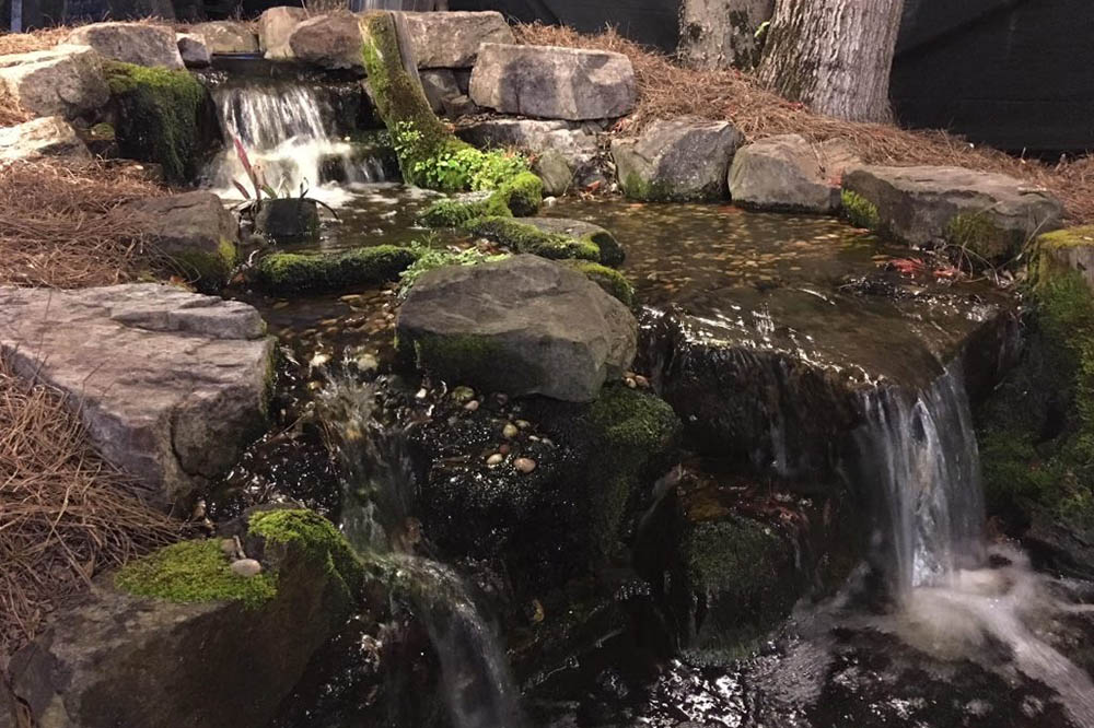 A small moss-edged stream and waterfall, freshly cleared
